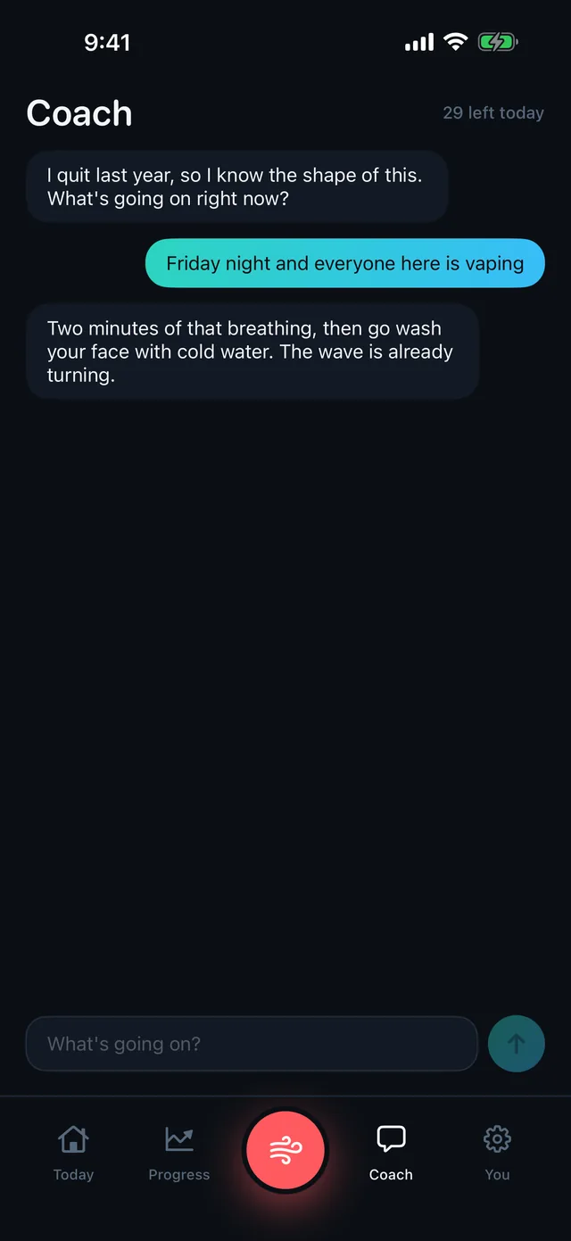 Coach chat: Two minutes of that breathing, then go wash your face with cold water. The wave is already turning.