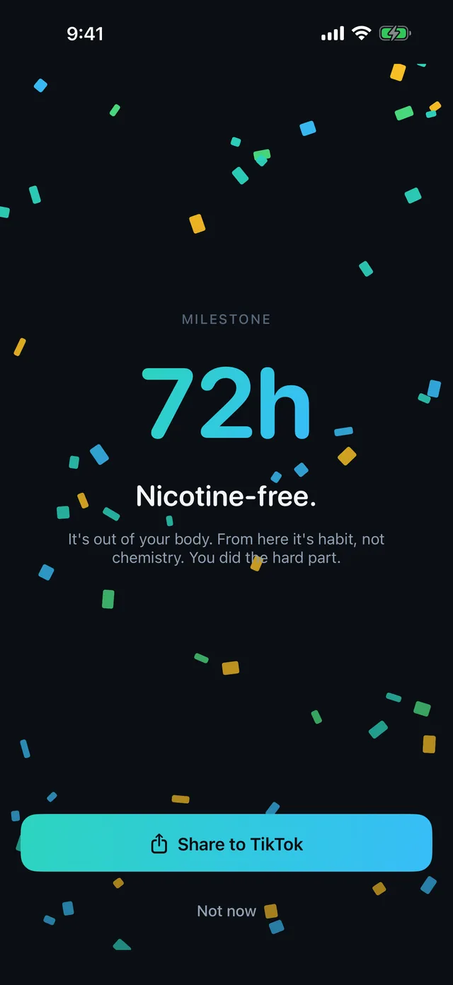 72 hours nicotine-free milestone with confetti and a Share to TikTok button